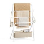 VASAGLE Freestanding Towel Rack, Foldable Blanket Holder, Towel Holder with 4 Hooks, Fabric Basket, 39 Inches High, for Bedroom, Living Room, Bathroom, Pearl White and Camel Brown ULLS020W01