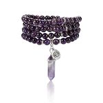 Jovivi 108 Mala Beads Bracelet 8mm Natural Amethyst Rose Quartz Healing Crystal Stone Mala Prayer Bead Necklace Hexagonal Prism Gemstone Reiki Pointed Pendant for Yoga Meditation Energy Balancing, One