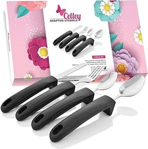 Adaptive Eating Utensils by CFOX 4pc Adaptive Silverware Stainless Steel Knife, Fork, 2 Spoons for Arthritis, Elderly, Hand Tremors or Parkinson's - (Black) Weighted Grips