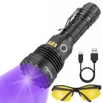 Alonefire SV52 365nm UV Torch Flashlight 25W USB Rechargeable Black Light Pet Stain Urine Detector for Resin Curing, Scorpion, Fishing, Minerals, Dry Glue with UV Protective Glasses, Battery Included