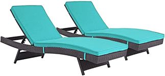 DEVOKO Adjustable Outdoor Chaise Lounge Chair Rattan Wicker Patio Lounge Chair Sky Blue Set 2 for Garden, Deck, Lawn, Poolside, Balcony (Dark Brown & Sky Blue)