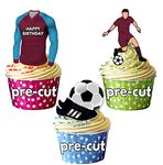 AK Giftshop PRECUT Happy Birthday Football Party Pack - Edible Cupcake Toppers/Cake Decorations Blue and Claret Shirt Top (Pack of 12)