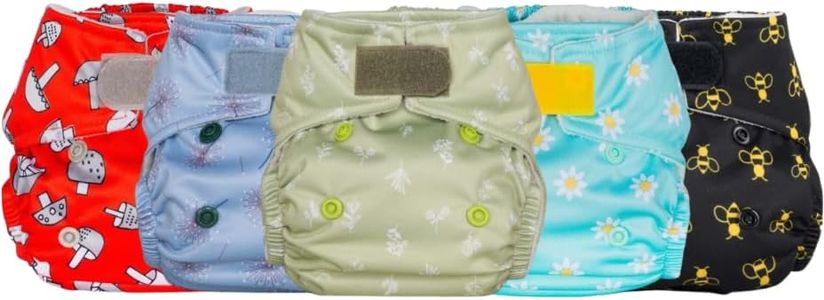 5 Pack Reusable Pocket Nappies with 10 Bamboo & Microfibre Highly Absorbent Inserts, Washable Cloth Diapers Nappy Bundle, Adjustable Popper Closure, Multiple Designs (Nature, Newborn 5-18lbs)