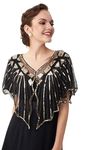 Women's Golden Beads Zig Zag Embroidered Georgette Ponchos Net Poncho Women Cape (Black)