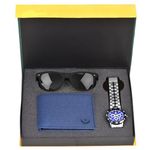 LORENZ Stainless Steel Gift Set Combo Of Men's Blue Dial Analog Watch, Blue Wallet & Black Sunglasses | Cm-3067Sn2-Wl-49, Band_Gold