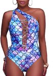 Holipick Women Sexy One Piece Swimsuit Lace Up Bathing Suit Plunge V Neck Swimwear, Mermaid, Small