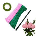 Just Flowers 200 pcs Pink Dark Green Pipe Cleaners Set with 25 Pc Floral Stem Wires & 1 Pc Green Floral Tape, Chenille Stems Pipecleaners for Flower Making, Kids DIY Craft Projects and Decorations