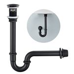 Heixutas Brass P Trap with Bathroom Sink Stopper : 1-1/4 Sink Drain Bottle Trap Set with Overflow - Adjustable Height, Matte Black - Complete Basin Sink Plumbing Kit for Pipe Replacement