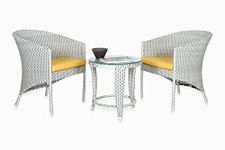 DEVOKO 3-Piece Patio Conversation Bistro Set HDPE Rattan Chairs Outdoor Wicker Furniture for Garden, Backyard, Balcony, Lawn, Poolside (White and Yellow)