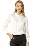 Allegra K Women's Satin Blouse Puff Sleeve Point Collar Vintage Button Up Shirt White 12