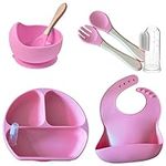 STARSWIN Silicone Baby Weaning Set- 6 Pcs Tableware Toddler Feeding Set - Nonslip Dinnerware BPA Free Divided Suction Plate and Bowl with Spoon and Fork- Adjustable bib with Pocket -Pink