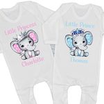 Personalised Prince/Princess Name Baby Grow Gift Newborn Christening Girl Boy Elephant