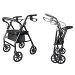 Folding Four Wheel Rollator, Lightweight Mobility Walker with Seat & Carry Bag, Mobility Aid for Elderly Disabled (Black)