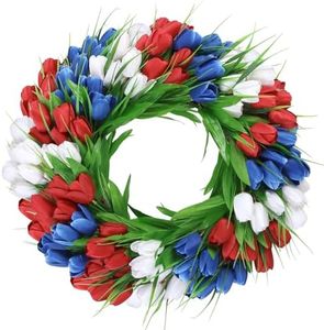 U'Artlines 20 Inch Tulip Wreath for Front Door, Spring Summer Silk Wreath with Green Leaves Artificial Tulip Flower Wreaths for All Seasons Window Wall Wedding Valentines Day Decor
