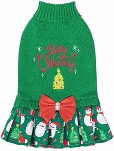 CuteBone Christmas Green Dog Sweater Dress Turtleneck Puppy Sweater with Bowtie Harness Hole Pullover Winter Dress for Medium Large Dogs