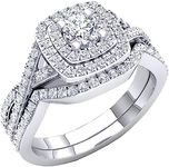 Dazzlingrock Collection 4mm Center Round Cubic Zirconia Halo Cushion Criss Cross Wedding Ring Set for Women (1.40 ctw, Color White, Clarity Clean) in 10K White Gold, Size 7