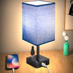 Dimmable Table Lamp with Blue Shade Bedside Lamp with Light Bulb,2 USB C+A Ports and Dual AC Outlets,3 Way Dimmable Touch Small Lamp for Bedroom,Nightstand Lamp Minimalist for Living Room,Dorm,Office