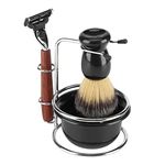 Shaving Bowl Kit for Men, 4 in 1 Manual Safety Razor Stand and Soap Cup Set Men's Wet Badger Hair Brush Bristles Mug Elegant Soap Stainless Steel Grooming Gift for Father Husband Brother