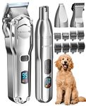 oneisall Dog Grooming Kit 4 in 1, Dog Clippers for Thick Hair with Stainless Steel Blade, Silent Shavers Cordless Pet Paw Trimmer Nail Grinders for Full-Body Grooming PC15