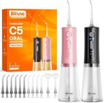 Water Dental Flosser Teeth Pick: Bitvae 2 Pack Portable Cordless Oral Irrigator, 3 Modes 5 Intensities, Rechargeable Water Dental Picks with 12 Tips, Travel Irrigation Cleaner for Teeth, Black & Pink