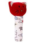 Pikipo Kitty Face Rattle Soft Toy with Squeeze Handle for Squeaky Sound (Red)