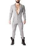 Muscle Alive Mens Long Sleeve Onesie Henley Jumpsuit Stretchy Cotton Ramper Grey L