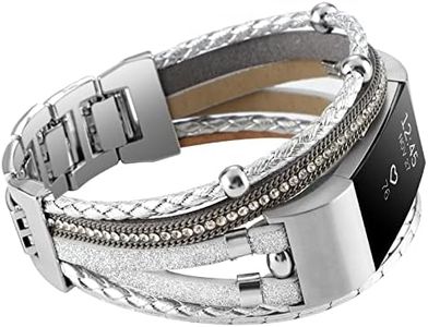 WONFAITH Posh Leather Band Compatible with Fitbit Charge 2 Bands, Boho Handmade Bracelet Multilayer Wrap Layered Wristbands for Women (Silver)