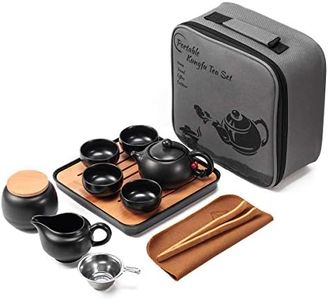 Lyty Chinese Tea Pot Cup Set with Tray Infuser - Travel Ceramic Tea set Porcelain Teapot, Portable All in One Bag for Outdoor Picnic Business Hotel (Black)