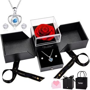 UUEMB Rosa Eterna, Caja de Regalo de Rosa Preservada con Collar de Corazón y Aretes, Regalo de Cumpleaños de Aniversario Dia de la Madre Dia de San Valentín para Mamá Novia Hermana y Mujeres
