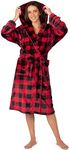 PAVILIA Plush Hooded Robe For Women | Buffalo Plaid Red Black Fluffy Soft Bathrobe with Hood | Fuzzy Warm Spa Robe, Cozy Fleece Long Robe | Small-Medium