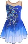 Figure Skating Dress for Girls Sequin Flower Mesh Ice Skating Dress Ballet Dance Leotard Dress Chiffon Skirted Ballerina Dancewear for Competition Stage Performance Costume Royal Blue 7-8 Years