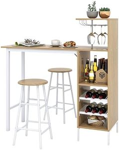 LIFEZEAL Juego de Comedor con 2 taburetes de Bar, Barra de Cocina con 2 sillas Altas, Mesa de Bar con peldaños Abiertos, botellero para Copas de Vino, para Cocina, salón y Bar (Natural)