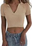 Hyipels Women Knit Crop Polo Shirts,Summer Short Sleeve Ribbed Collared T-Shirt Solid Fitted V Neck Tops Khaki