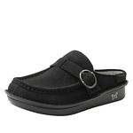 Alegria Women's Brigid Leather Moc Toe Open Back Clog with Heel Cup, La Dee Dottie Black, 7-7.5 Wide