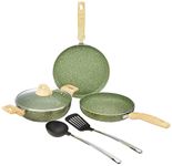 Amazon Basics Granite Finish Non Stick 5 Pcs Induction Base Cookware Set- Granite Finish Olive Green (24cm Fry Pan, 24 cm Kadai, 28cm Tawa and 2 Nylon Spatulas)