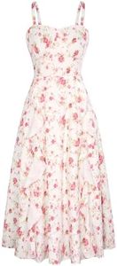 Belle Poque Pink Floral Wedding Guest Dress Flowy Summer Romantic Vintage Floral Dress for Women Midi Length L