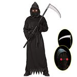 Honxerk Grim Reaper Halloween Costume with Glowing Red Eyes for Kids, Reaper Scythe Included(Black, X-Large)