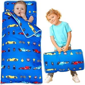 Newwiee Toddler Nap Mat Kids Sleeping Mat with Removable Pillow Blanket Toddler Sleeping Bag Rolled Sleep Mats for Girl Boy Preschool Daycare Travel Camping, 20" x 50" Fit Standard Cot (Racing Car)