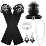 FEPITO 8 Pcs 1920s Accessories Set Flapper Headband Necklace Earrings Long Black Gloves Boa Great Gatsby Theme Party Accessories for Women（Set E）