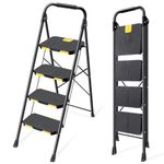 KINGRACK 4 Step Ladder, Sturdy Steel Step Stool with Safe-Lock Design, Handrail, Anti-Slip Wide Pedals, Pass 330lbs Load Testing, Folding Portable Ladder for Multi-Purpose, Home, Kitchen, Black