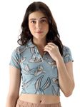 The Souled Store Official Looney Tunes Bugs Short Sleeve Collared Neck Blue All Over Printed Slim Fit Cotton Cropped Polos for Women and Girls - Channel Your Inner Cartoon Chic