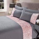 Sienna Crushed Velvet Panel Band Duvet Cover with Pillow Case Bedding Set - Silver Grey Blush, Double