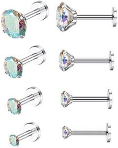 Drperfect 16G Internally Threaded Labret Stud Medusa Monroe Lip Ring 2/3/4/5MM Cubic Zirconia Opal Forward Helix Piercing Jewelry Stainless Steel Cartilage Conch Tragus Stud Earring, Stainless Steel, cubic-zirconia