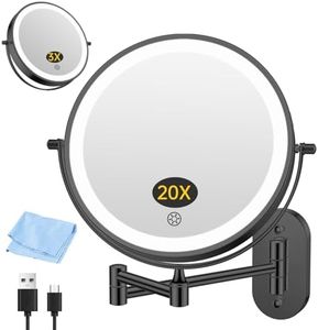 FUNTOUCH 20X/3X Rechargeable Wall Mounted Makeup Vanity Mirror with Lights, Double Sided Magnifying Wall Mount Mirror,3 Color Lighting, Touch Screen Dimming,Extension Arm 360 Rotation Wall Mirrors