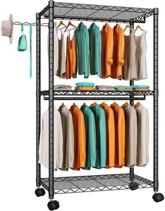 PUNION Rolling Clothes Rack Portable Closet Wardrobe with Wheels and Side Hooks, 2 Hanging Rod, Adjustable Freestanding Heavy Duty Clothing Racks Storage Drying Rack, Black, GR1Plus