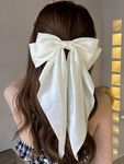 Trend By Kimaayra Luxury Satin Long Tail Hair Bow Alligator clip for Women and Girls, Gift for her, Gift for women, 1 Tail Hair Bow, Free Size (White)