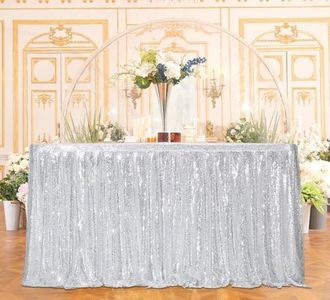 Juya Delight 9ft Silver Sequin Table Skirt Rectangle Round Glitter Sequin Table Cover for Birthday Party Wedding Baby Shower Decoration L9(ft) * H30(in)