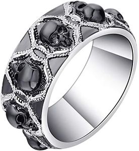 Skulls Wedding Band for Men by Ginger Lyne | Black Punk Style 8mm Wedding Ring for Women | White and Black Gold Plated Bridal or Statement Jewelry for Him or Her