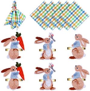 12 Pieces Napkin Rings Gingham Buffalo Plaid Check Napkins Set Easter Bunny Napkin Ring Alloy Napkin Holder Rings Spring Easter Dinner Napkins for Easter Decoration Party Dining Table (Cute Style)