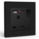 BSEED Single Switched Socket with USB C and USB A Charging Ports, UK Standard Electric Power Sockets with Glass Panel, 1 Gang Wall 13A Socket, Black